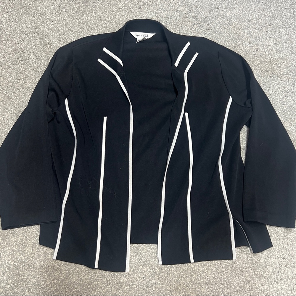 Exclusively Misook Womens Black White Trim Open Front Knit Cardigan Sweater XL